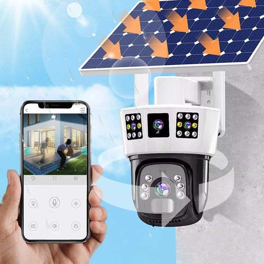 Caméra de surveillance solaire intelligente à 360° avec surveillance sur trois écrans