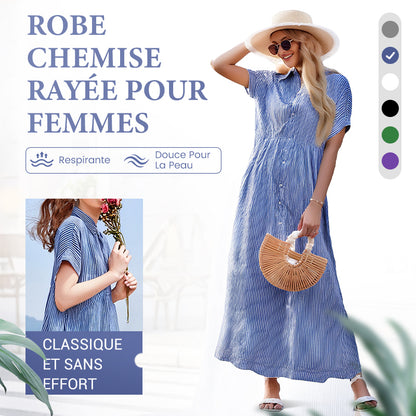 ⏳Réductions temporaires Super-Économies ⏳👗Robe chemisier long rayé col V pour femme