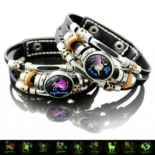 ✨♈ Bracelet en cuir phosphorescent du signe du zodiaque – 12 signes, design unisexe et 2 tailles