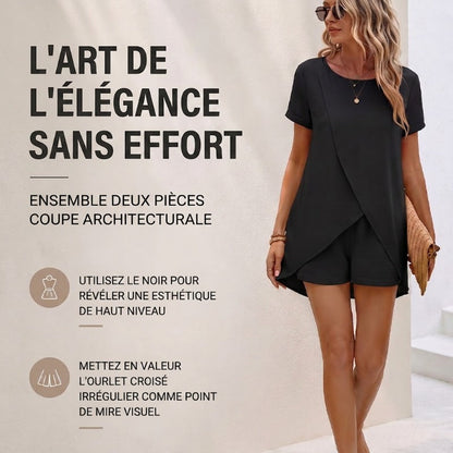 ✨Ensemble deux pièces pour femme composé d'un haut asymétrique et d'un short, couleur unie