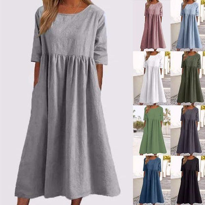 👗Réduction pour le début de l'été💝Robe décontractée en coton à col ras du cou et à poches pour femmes(🔥50% de réduction)