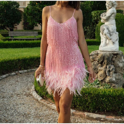 ✨Robe à bretelles spaghetti à franges et paillettes pour femme