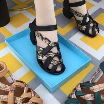 Sandales Rétro à Talon Moyen en Tissé pour Femmes