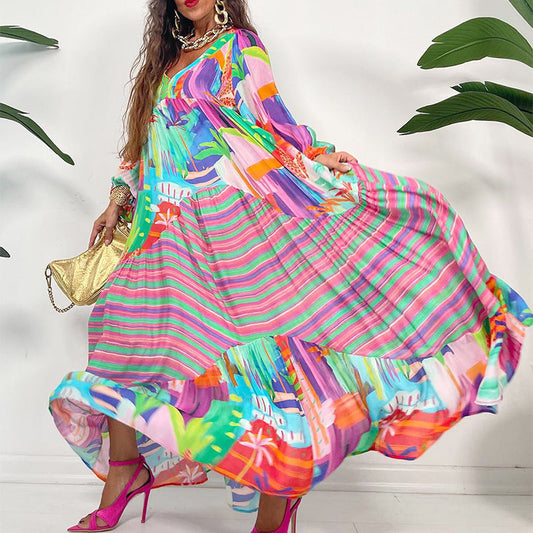 Robe Longue Imprimée à Fleurs avec Col en V