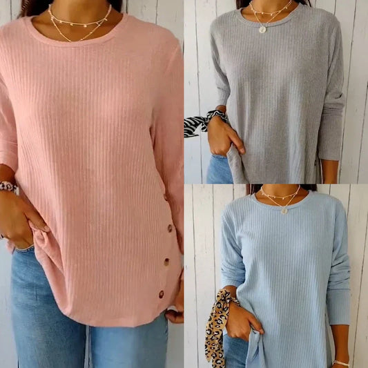 T-shirt Décontracté à Manches Longues et Boutons de Couleur Unie pour Femmes
