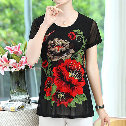 T-shirt Élégant en Mousseline à Manches Courtes à Imprimé Floral pour Femmes