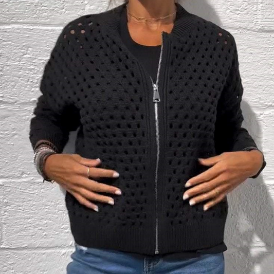 🔥Printemps 50% de réduction🔥Veste zippée en tricot pour femmes avec découpes