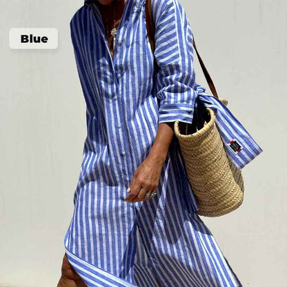 Robe chemise ample rayée à demi-manches