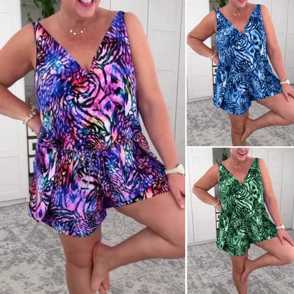 Maillot de bain sans manches à col en V imprimé