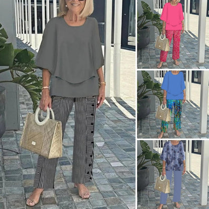 🌸Ensemble pantalon décontracté pour femme avec une encolure ronde et des demi-manches avec un imprimé