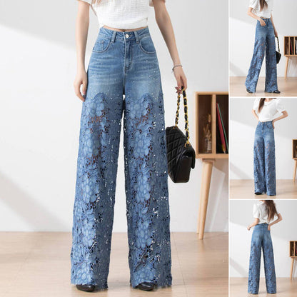 🔥Pantalon large en denim bleu à taille haute pour femmes avec empiècements en dentelle découpés
