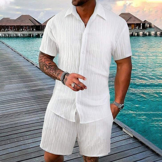 💎 50% DE RÉDUCTION ! 💎 Ensemble 2 Pièces Homme – Chemise Ample + Short Rayé, Look Décontracté & Respirant pour l’Été 🌿👕