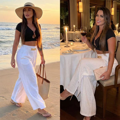 📢📢49 % de réduction !! ⏰Pantalon taille haute à jambes larges pour femme avec ceinture décorative