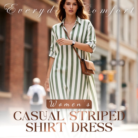 💞Robe chemise décontractée rayée à manches longues pour femme