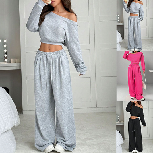👚 50% DE RÉDUCTION! 🔥 Ensemble Sweat-Shirt Décolleté & Pantalon à Jambes Larges pour Femme – Look Tendance, Tissu Doux & Confortable au Quotidien 💃