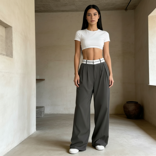 🥰Pantalon de costume pour femme à jambes larges avec ceinture contrastée