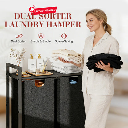 🧺 50% DE RÉDUCTION! 🧼 Panier à Linge Double Compartiment avec Étagère de Rangement – Gain De Place, Structure Robuste & Idéal Pour Trier Le Linge Sale Par Couleur Ou Type 🏠