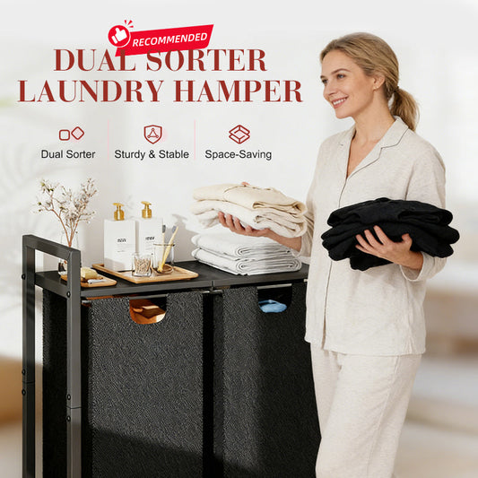 🧺 50% DE RÉDUCTION! 🧼 Panier à Linge Double Compartiment avec Étagère de Rangement – Gain De Place, Structure Robuste & Idéal Pour Trier Le Linge Sale Par Couleur Ou Type 🏠