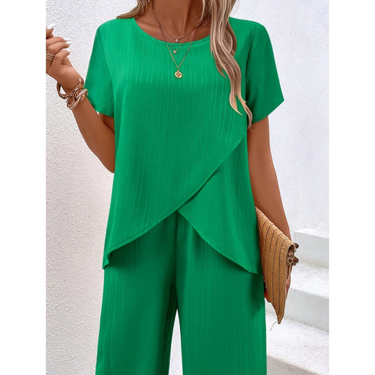🔥Ensemble décontracté pour femme : haut asymétrique et pantalon à jambes larges✈️