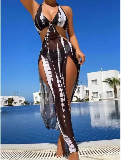 👙💥 PROMO FLASH 50% ! Maillot de Bain 2 Pièces à Rayures – Haut Halter Réglable, Jupe Fente Latérale, Coussinets Amovibles, Idéal Plage & Piscine 🌊