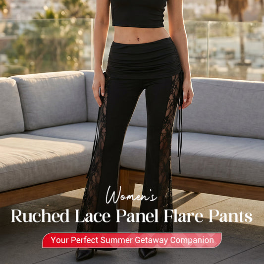👖 50% DE RÉDUCTION 🧵 Pantalon évasé femme à fronces et empiècement en dentelle – Élégant, respirant & parfait pour un look chic ou romantique au quotidien 🌸
