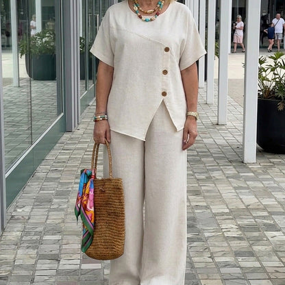 🥰Ensemble chic composé d'un haut à boutons et d'un pantalon à jambes larges
