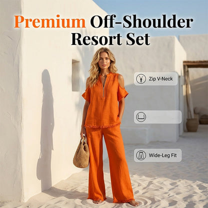 Women's Linen Blend Cold Shoulder Two-Piece Set