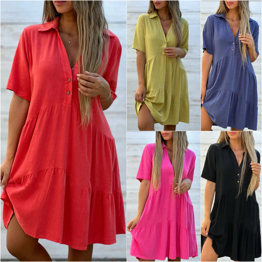 👗✨ PROMO FLASH 50% ! Robe à Boutons Couleur Unie – Col Revers, Coupe A-Ligne, Tissu Coton & Lin, Manches Courtes, Tailles S-3XL, Idéale Printemps & Été