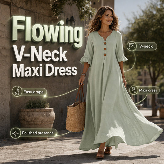 👗 PROMO LIMITÉE 50% DE RÉDUCTION ! ✨ Robe Longue Ample Femme Col V – Fluide, Drapé Doux, Du Jour au Dîner 🌙