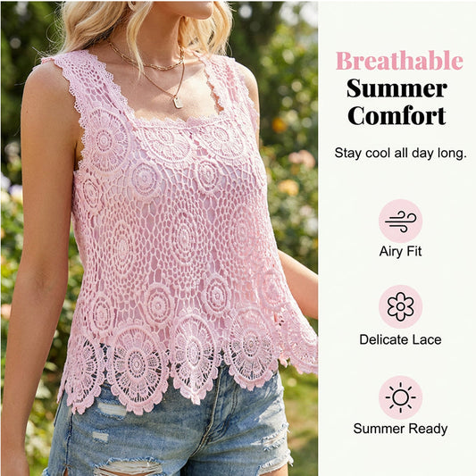 👕 PROMO FLASH 50 % ! 🌸 Haut Sans Manches en Dentelle au Crochet – Encolure Carrée, Ourlet Festonné, Respirant, 5 Couleurs, S-2XL 🏆