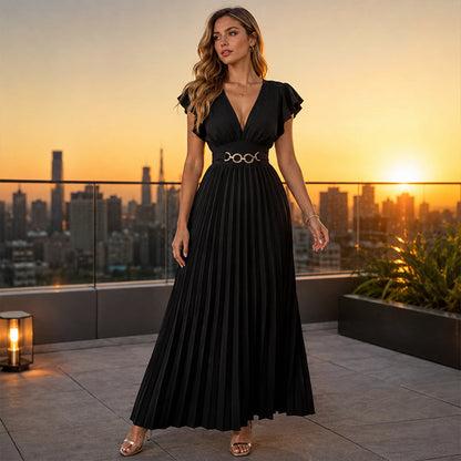 🎉 Soldes 2026 — Plus de 35 000 vendus ! 💃 Robe Maxi Plissée Fluide – Col V, Manches à Volants, Ceinture Métallique 🌸