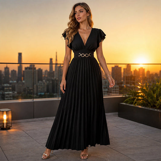 🎉 Soldes 2026 — Plus de 35 000 vendus ! 💃 Robe Maxi Plissée Fluide – Col V, Manches à Volants, Ceinture Métallique 🌸