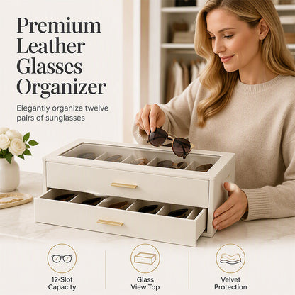 📢📢50% DE RÉDUCTION !! ⏰🔒 Étagère à lunettes 2 niveaux – Boîte transparente, 12 paires, cuir PU & verrou – Protection anti-poussière & rangement élégant ✨