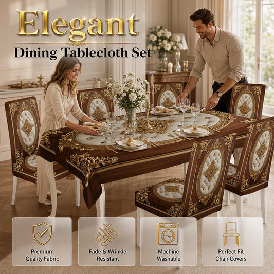 🌿 Nappe Vintage Grain de Bois & Housses de Chaises – Set de Table Brodé pour Salle à Manger Élégante Style Campagne & Européen