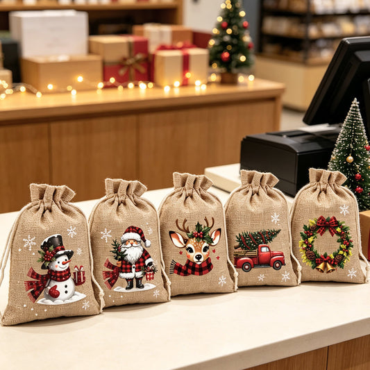 📢📢50 % DE RÉDUCTION !! ⏰ Sacs cadeaux Noël – Imprimés festifs, cordon & réutilisables ✨