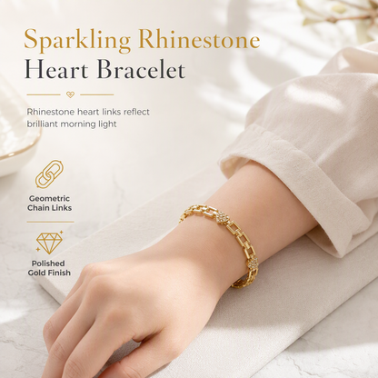 ❤️ PROMO FLASH : 50% DE RÉDUCTION ! Bracelet Chaîne Dorée Cœurs en Strass & Maillons Rectangulaires Ajourés – Strass Sertis Main, Fermoir Plaqué Or Anti-Ternissement for un Style Luxe Parisien ✨💋