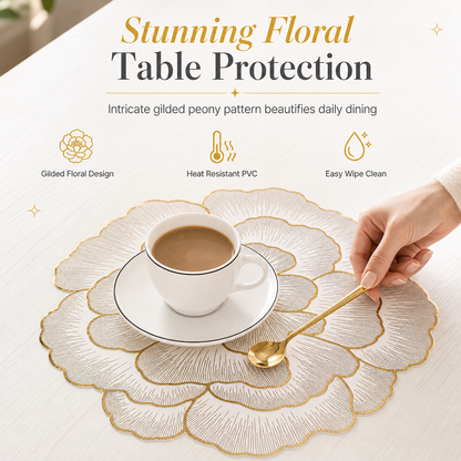 📢📢50% DE RÉDUCTION !! ⏰ Set de table en PVC à motif pivoine métallisé de style nordique | Résistant à la chaleur, antidérapant et imperméable 🍽️💛🌹